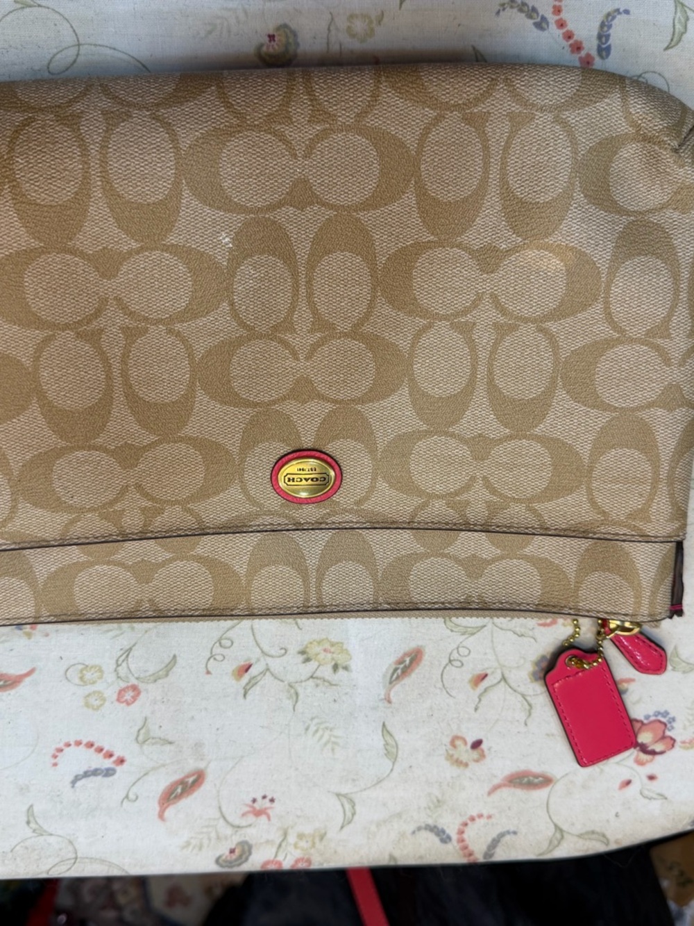 Coach Tan Signature Canvas Wristlet with Hot Pink Accents